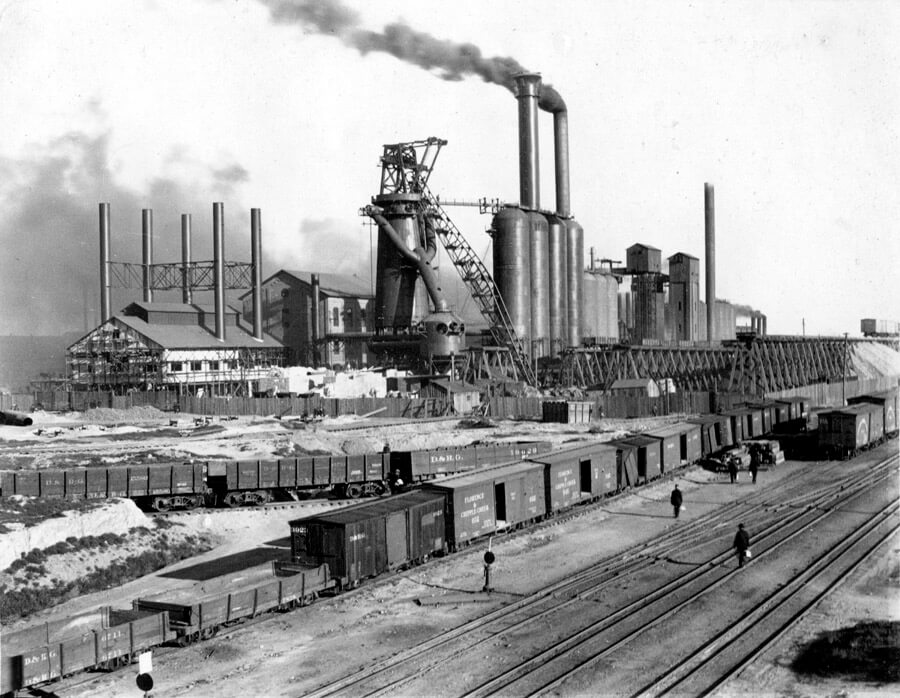 Old Black and White photo of the steelworks center